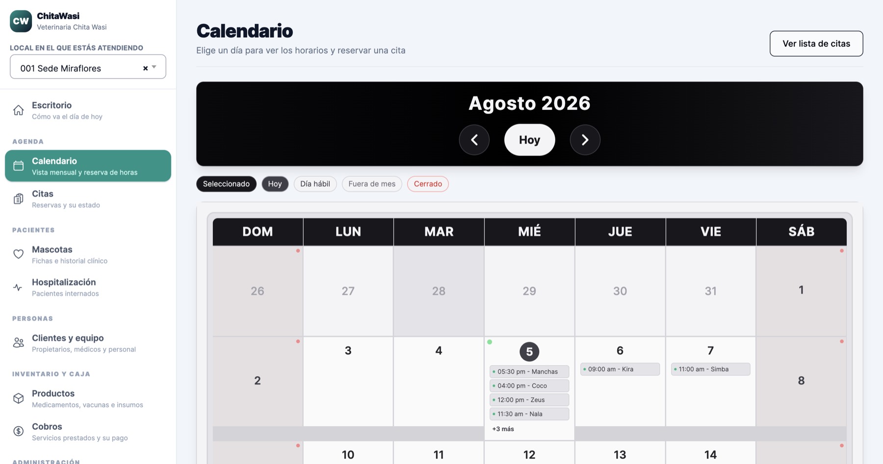 Calendario mensual con las citas reservadas de cada día