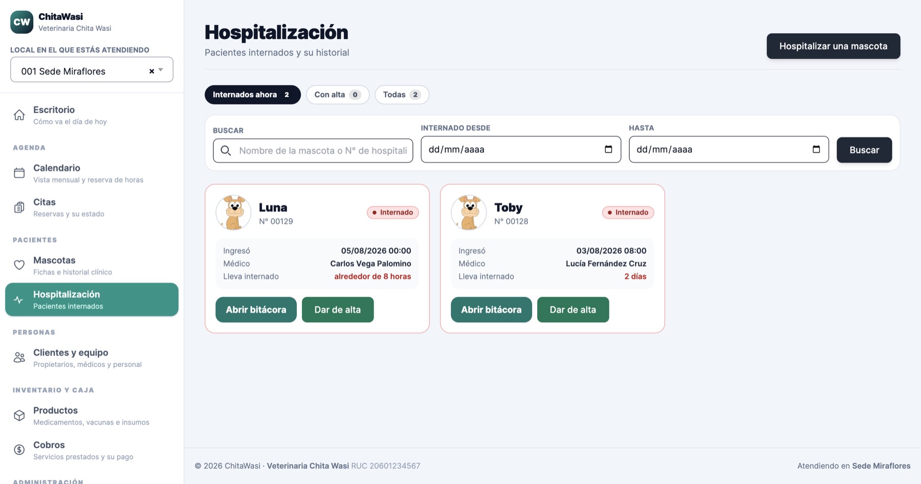 Listado de pacientes hospitalizados